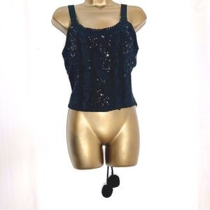 Betsey Johnson black knit crop top lace up back size medium sequins.